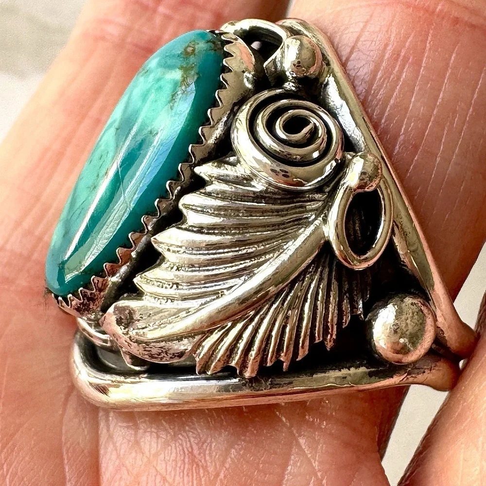 Navajo Turquoise Mens Ring Sz 12 Leaf Feather Signed Morgan Sterling Native Amer